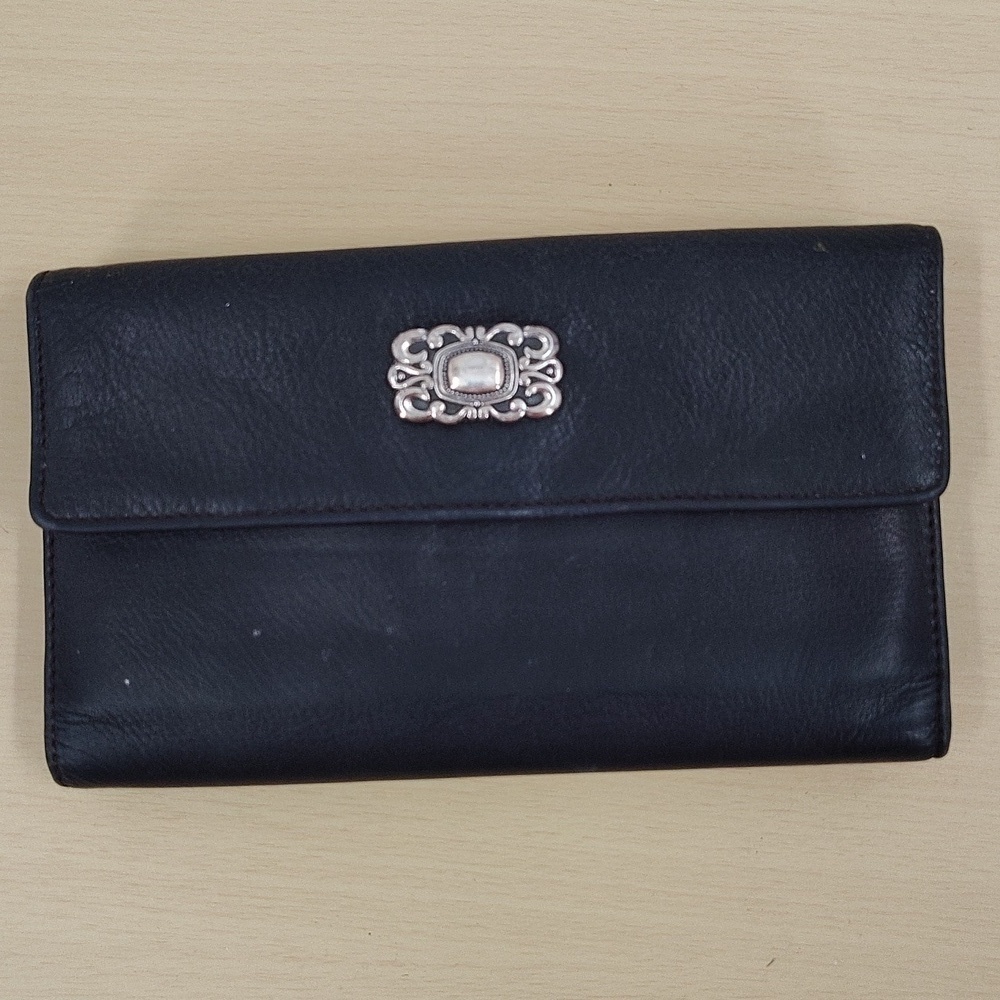 Fossil tri fold wallet black or very dark Brown multi pocket genuine leather
